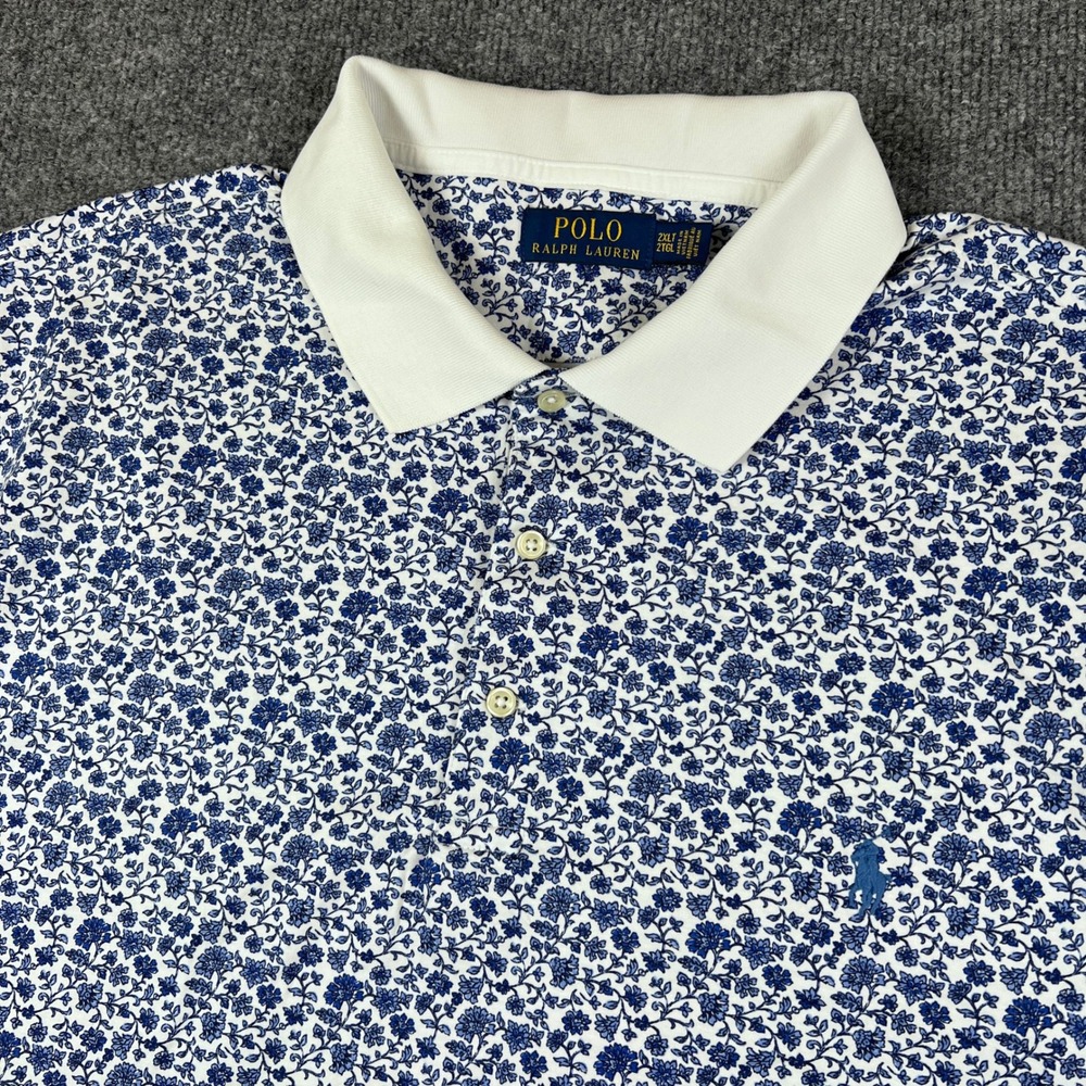Polo Ralph Lauren Polo Shirt Mens 2XLT Blue White Floral AOP Ringer Pony